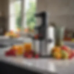 A modern juicer on a countertop with fresh fruits