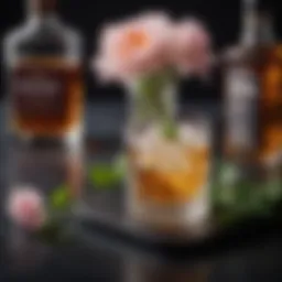 A beautifully crafted whiskey and St. Germain cocktail garnished with a delicate flower