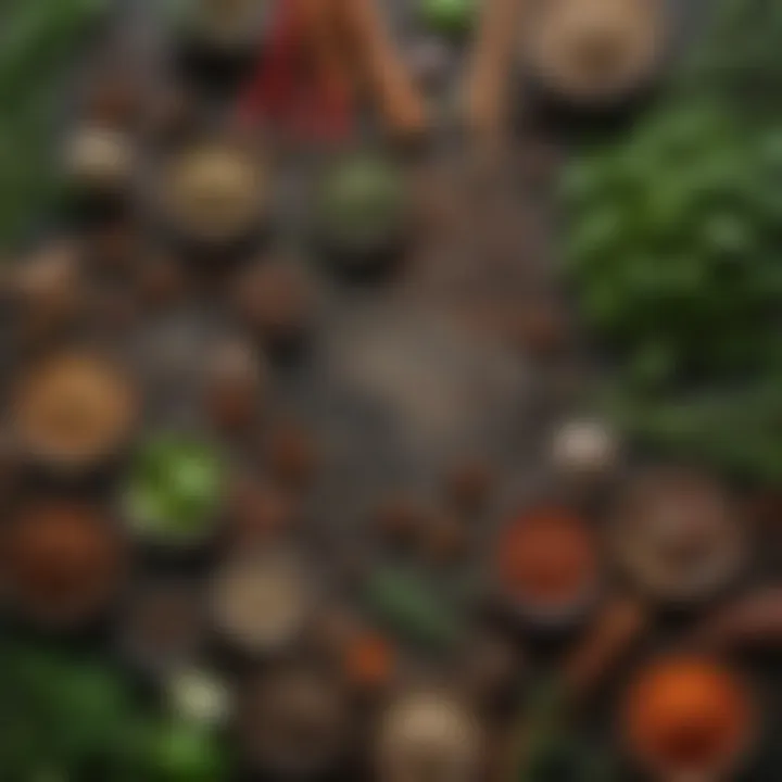 Fresh herbs and spices arranged for culinary use