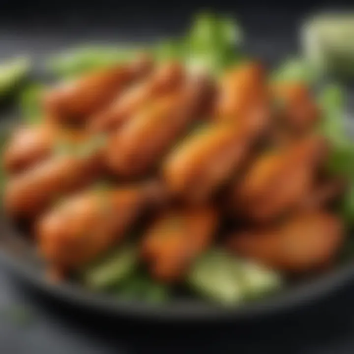 A close-up of spicy buffalo wings garnished with fresh herbs and celery sticks